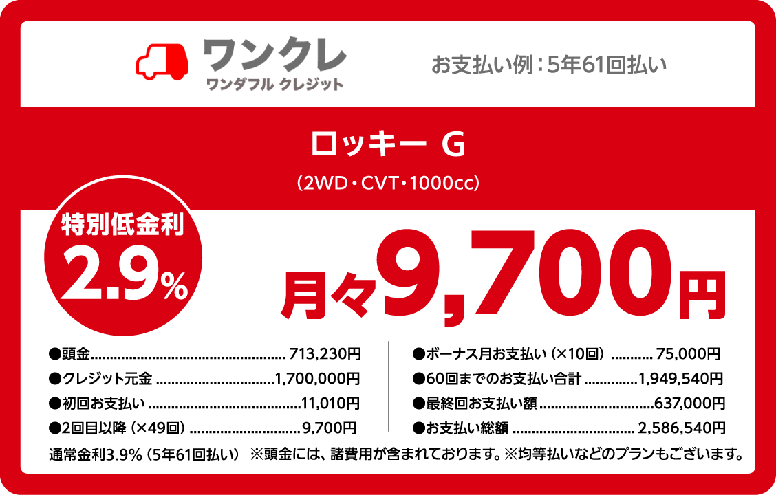 ワンクレ ワンダフルクレジット ロッキー G (2WD・CVT・1000cc) 特別低金利2.9% 月々9,700円